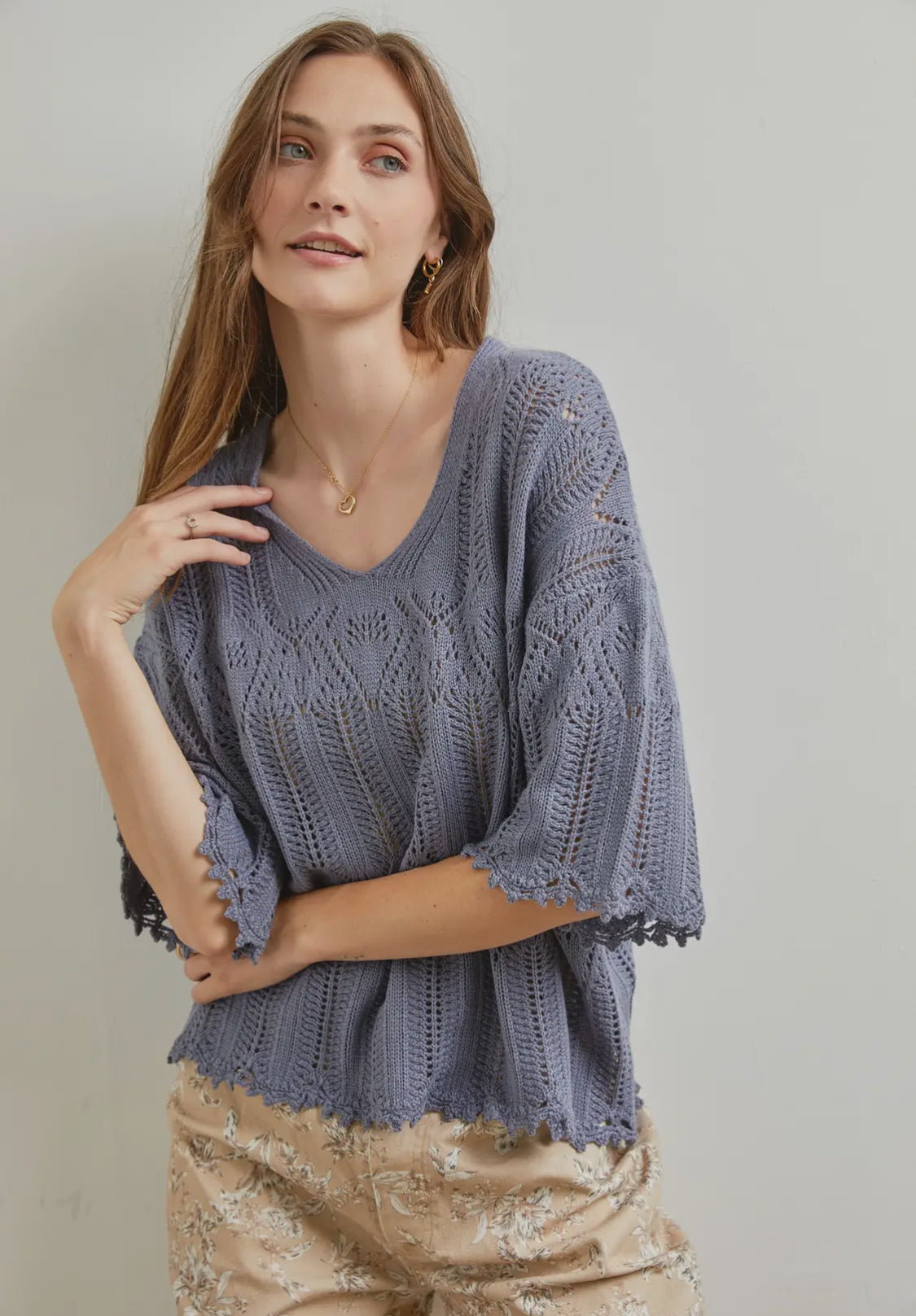 Dusty Blue Crochet Sweater