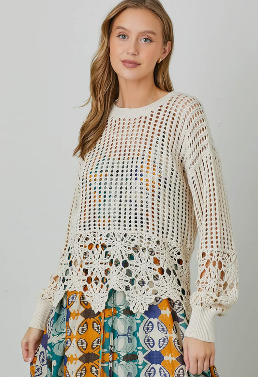 Open Knit Crochet Edge Sweater