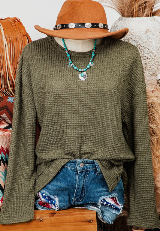 Olive Waffle Knit Top