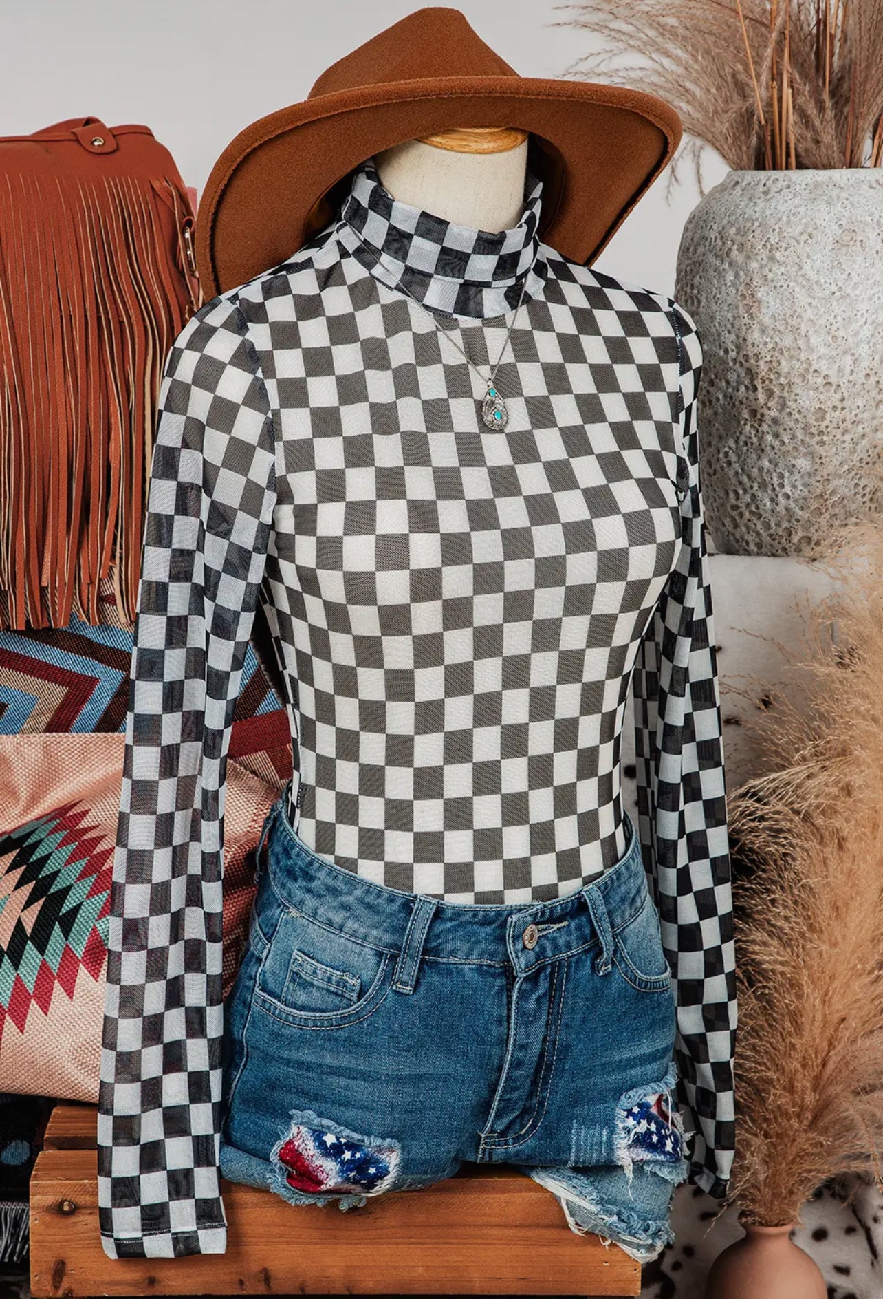 Checkered Mesh Layering Top