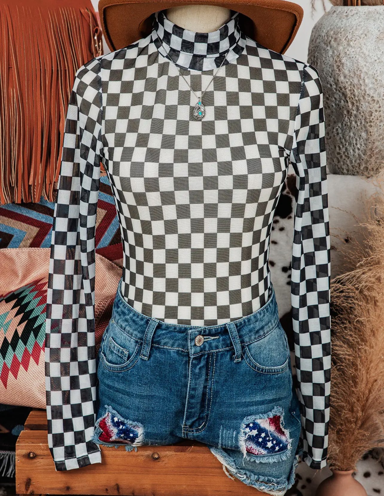 Checkered Mesh Layering Top