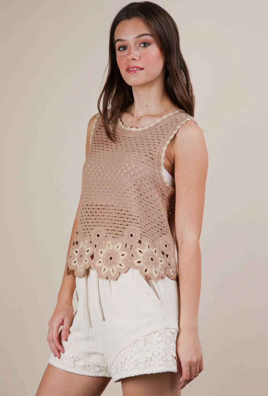 Floral Trim Crochet Tank