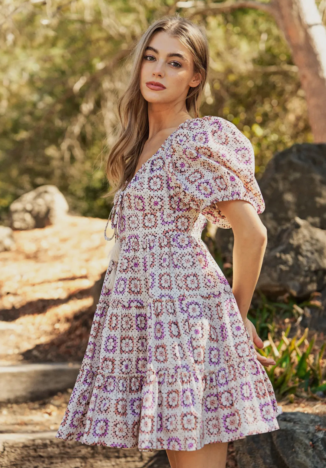 Granny Square Print Mini Dress