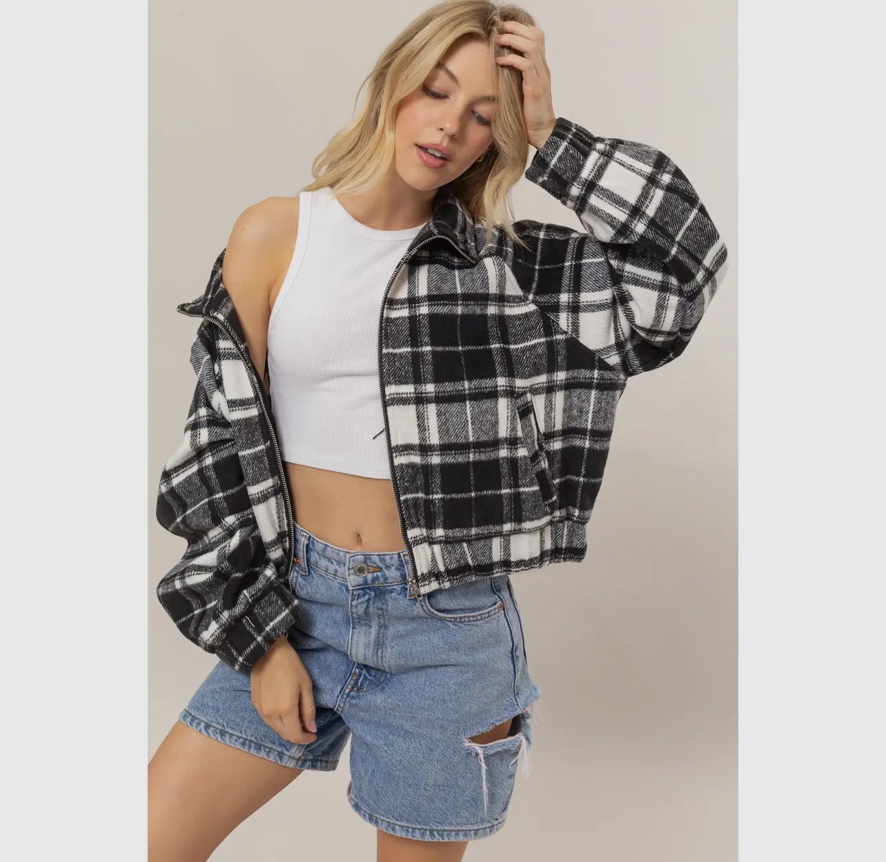 B/W Plaid Zip Up Jacket