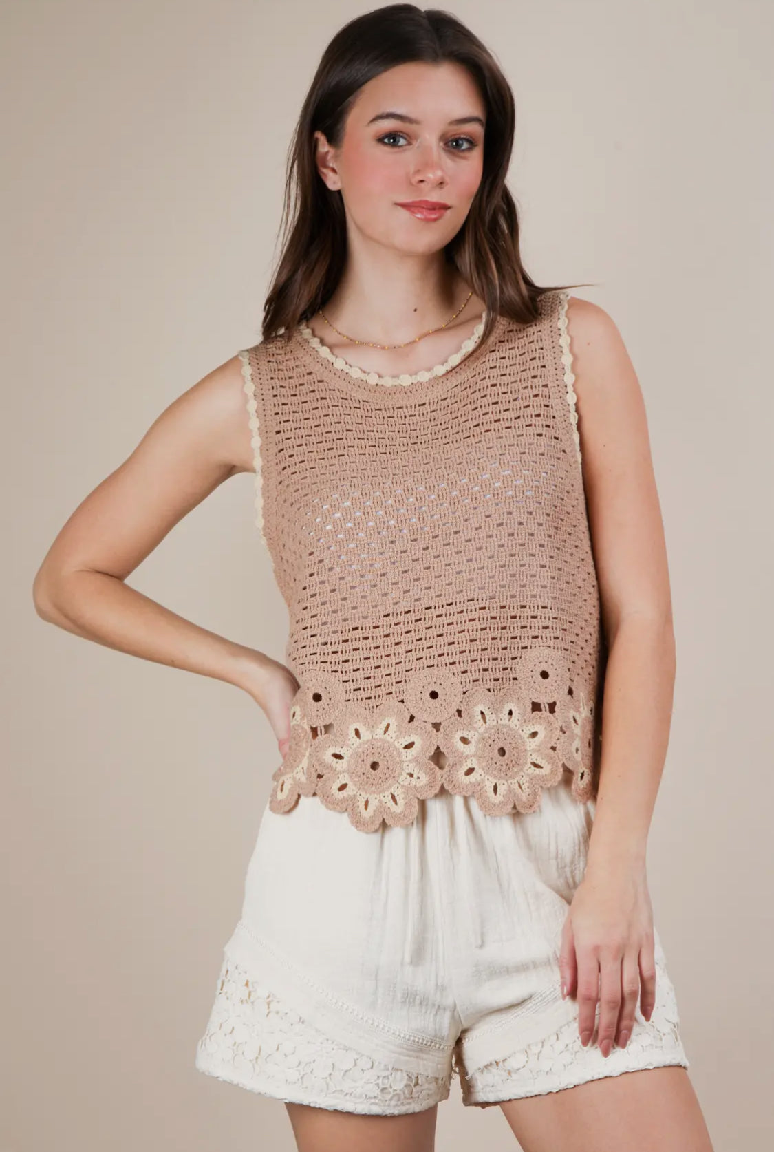 Floral Trim Crochet Tank