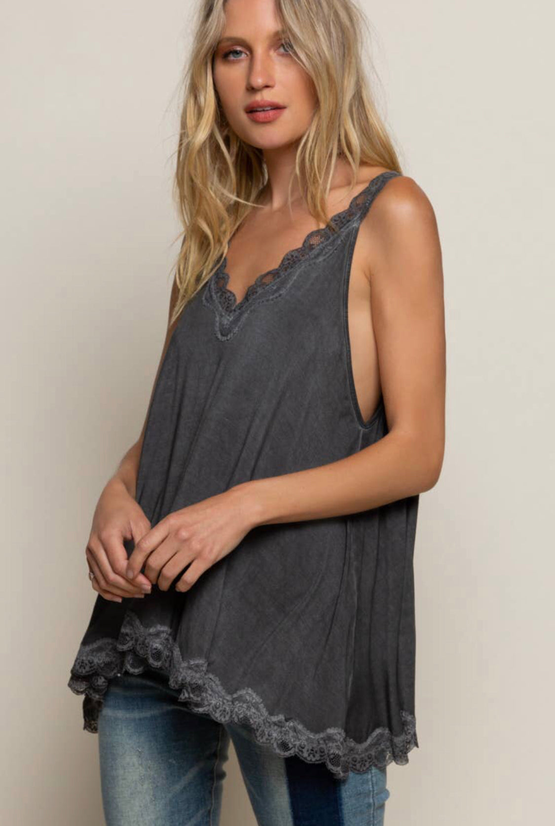 Washed Charcoal Lace Tank