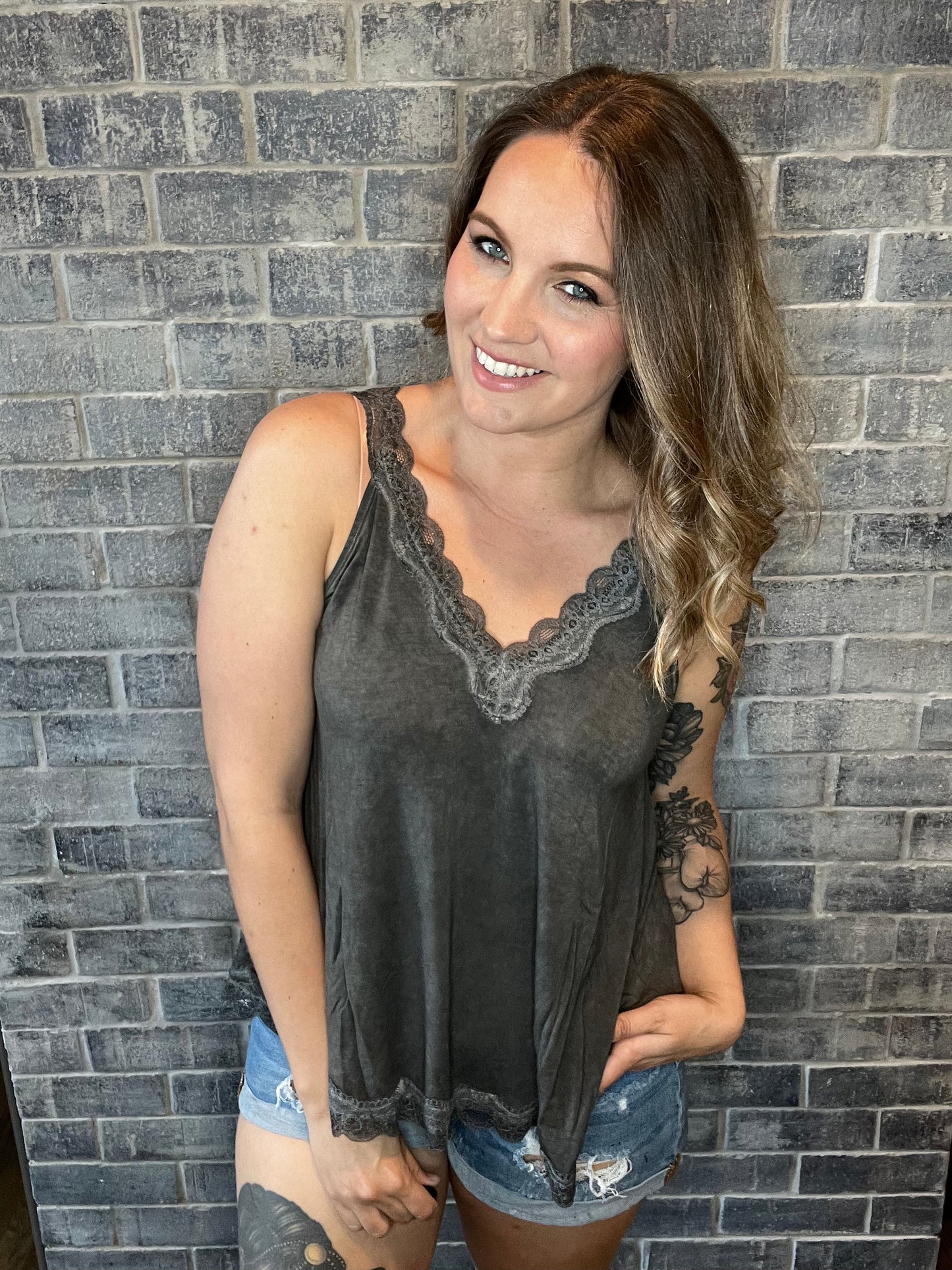 Washed Charcoal Lace Tank